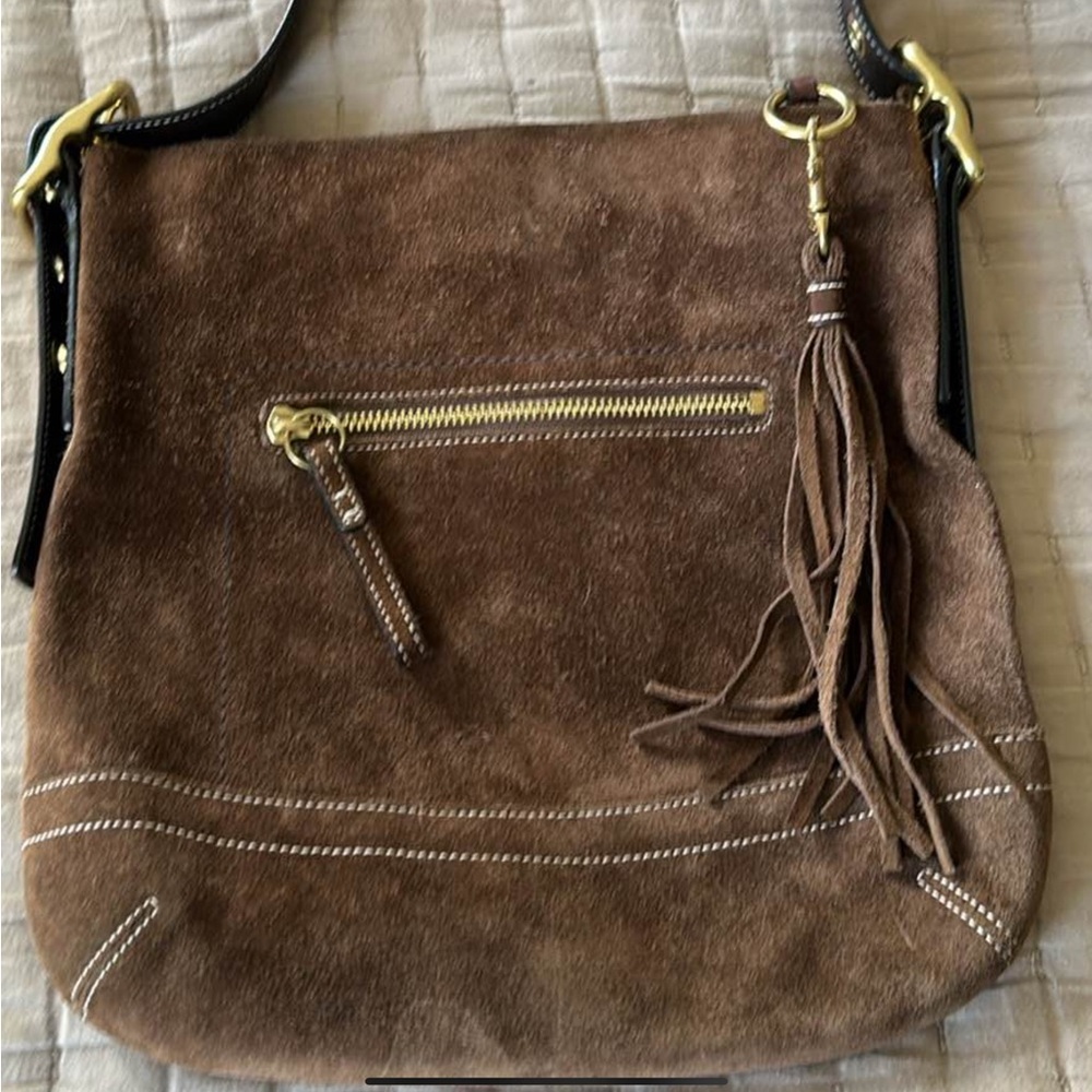 Coach Suede Tassel Crossbody Bag in Brown